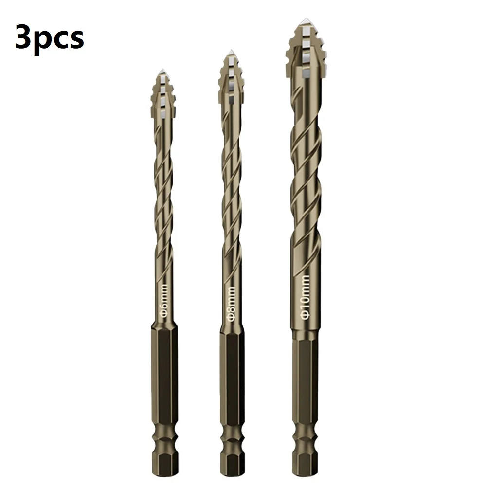 3pcs Four-Flute Eccentric Drill Drilling Glass Tile Punching Triangle Drill Bit Tungsten Steel Alloy Four Bladed Serrated Drill