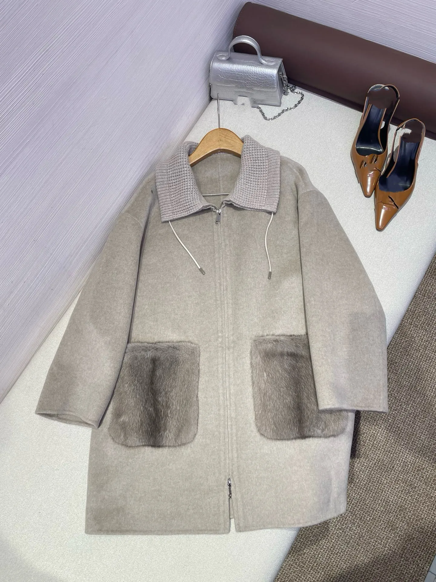 2026 Autumn Winter New Women's High-quality Double-sided Cashmere Pocket Mink Splicing Mid Length Coat