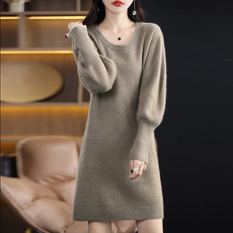 Autunno inverno 100% visone Cashmere maglia gonna lunga donna scollo tondo abito al ginocchio Casual maglione caldo camicia Base in Cashmere Top