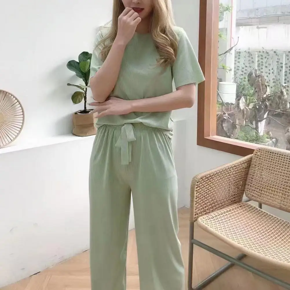 Thin Suit Stylish Women's Summer Sleepwear Set 2-piece Ice Silk Pajamas with Round Neck T-shirt Wide Leg Trousers for Wear