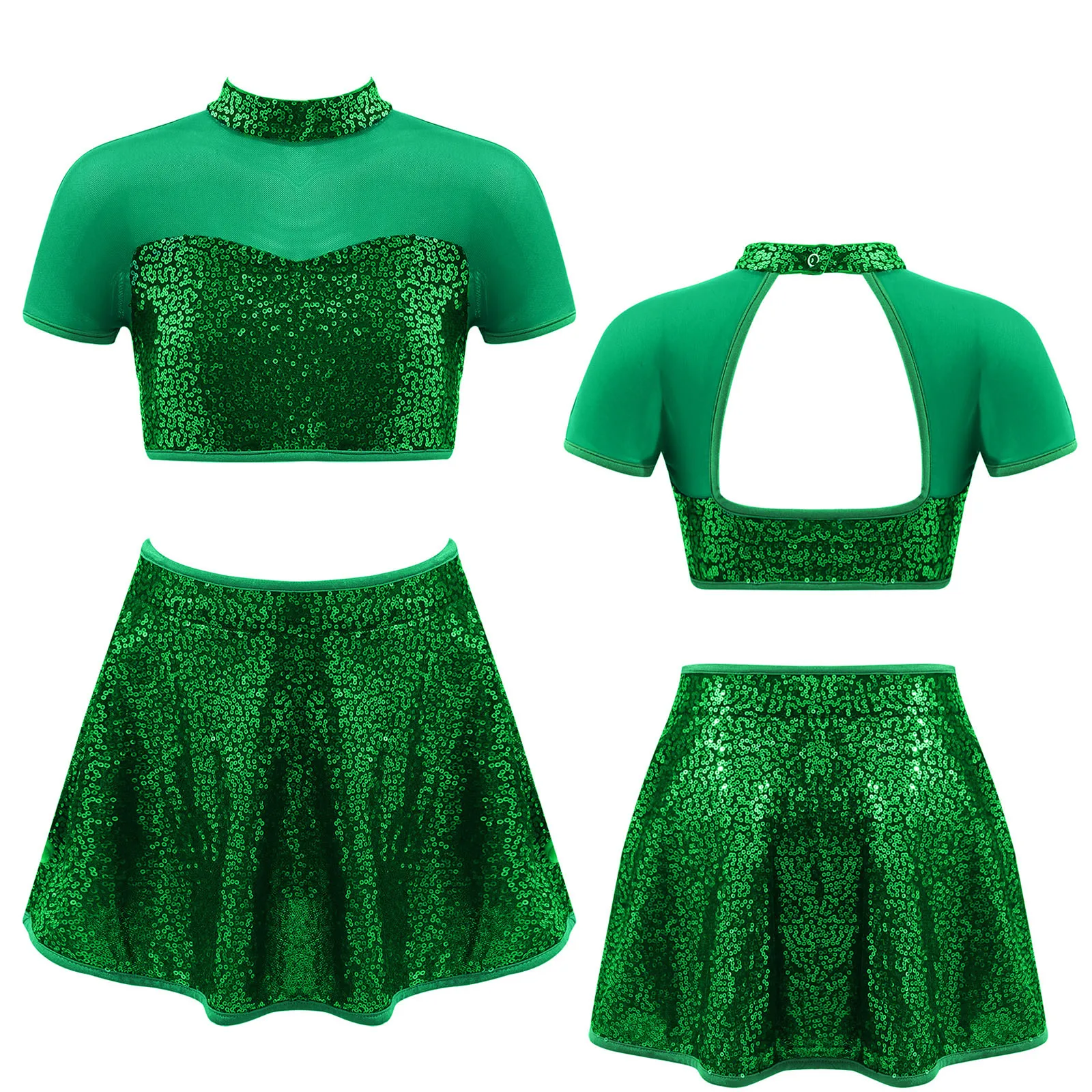 Teens Girls Sequins Jazz Lyrical Dance Costume Splice Mesh Short Sleeve Crop Tops with Skirt Set Modern Cheerleader Dancewear