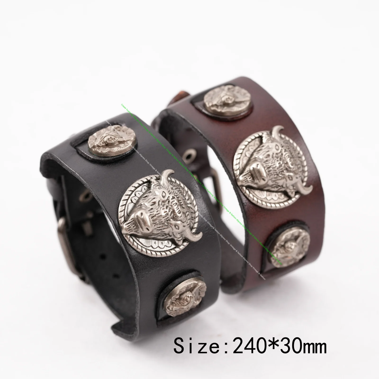 Metal Longhorn Bull Studded Genuine Punk Quality Wide Cowhide Leather Bracelet Cuff Wristband Bangle Brown
