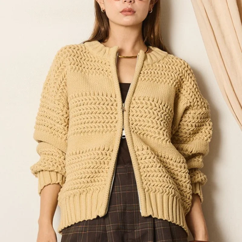 

Retro Double Zipper Knit Open Cardigan Coat Women's Autumn Winter Korean Japan Style Round Neck Loose Thick Warm Sweater Jacket