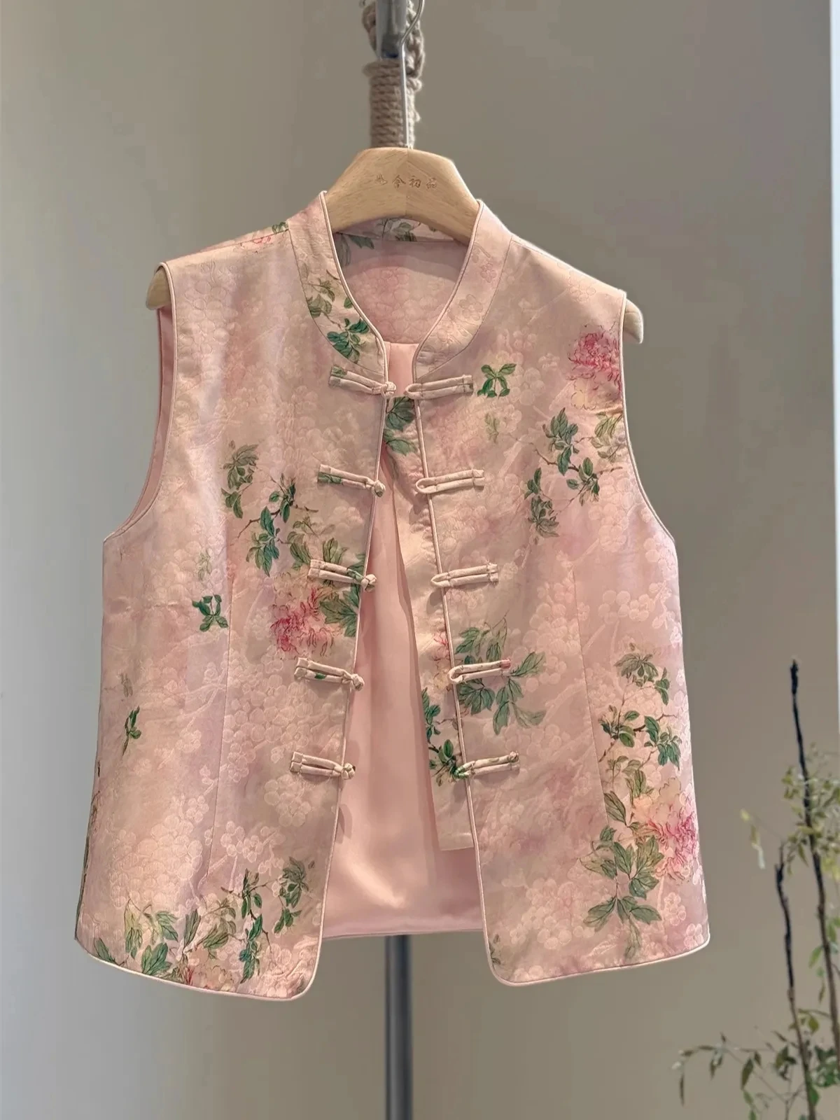 Pink Chinese Vest Coat Satin Printing High-grade Stand-up Collar Vest Spring Autumn Embroidery Women Vest Top New Jacket Vest