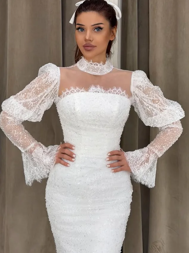 Customized Elegant Arabian Wedding Dress Lace Square Neck Custom Fit White Long Sleeve Muslim Bridal Gown Fishtail Bridal Party
