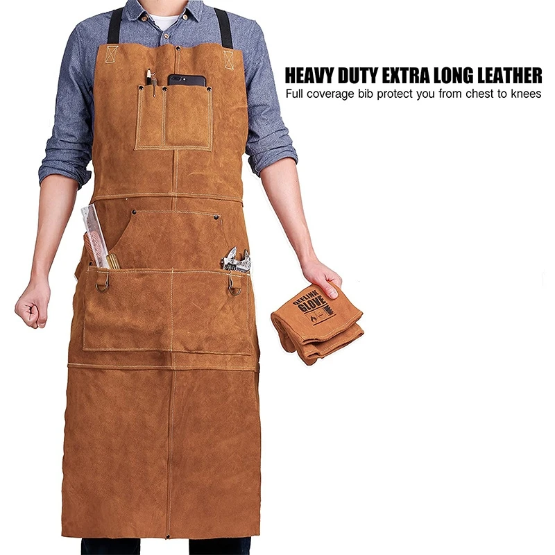 Heavy-duty Leather Full Coverage Apron with 6 Tool Pockets Heat and Flame Resistant Welding Work Apron Provides Full Protection