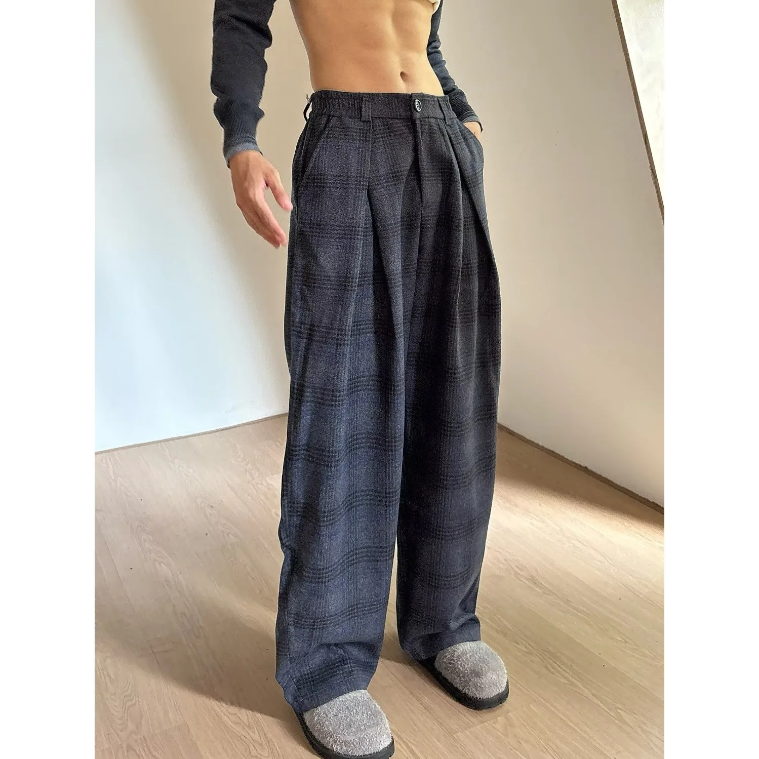 

Thiened Flannel Plaid Pants Harajuku Lazy Sle Artistic Trendy Faionable Casual Loose Fit mid Waist for Young Men