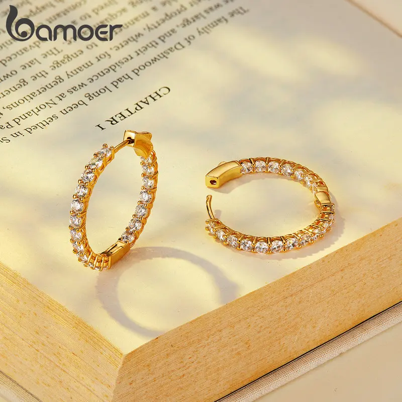 BAMOER Gold Plated Hoop Earrings Round Earrings Dainty Halo CZ Women Ear Jewelry