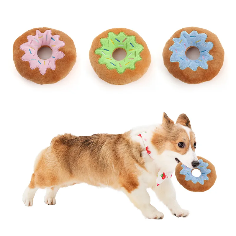 Neues Haustier-Hunde-Plüschtier – kreatives Donut- und Kuchenform-Kauspielzeug für Welpen, erwachsene Hunde, weiches Zahnen, Backenzahn-Beißspielzeug,