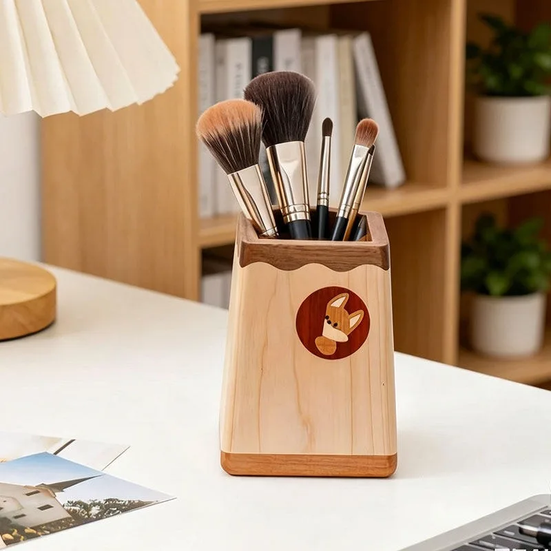✨ Cute Fox Wooden Desk Organizer, 2 in 1 Makeup Brush Holder & Pen Container, Aesthetic Wood Storage Box for Vanity Dresser