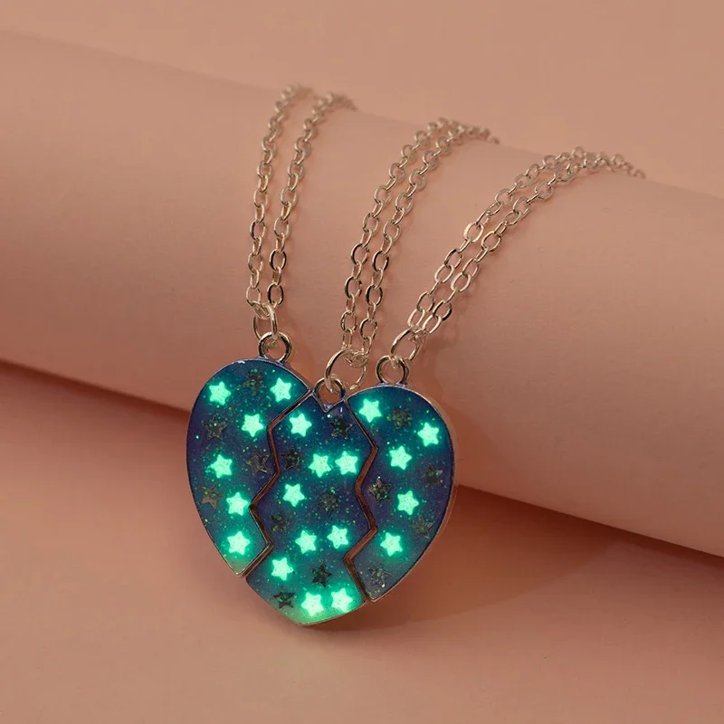 Lovecryst 3Pcs/set Luminous Forever Best Friends Friendship Heart Puzzle Pendant Necklace Matching Magnet Necklace for Girl Kids