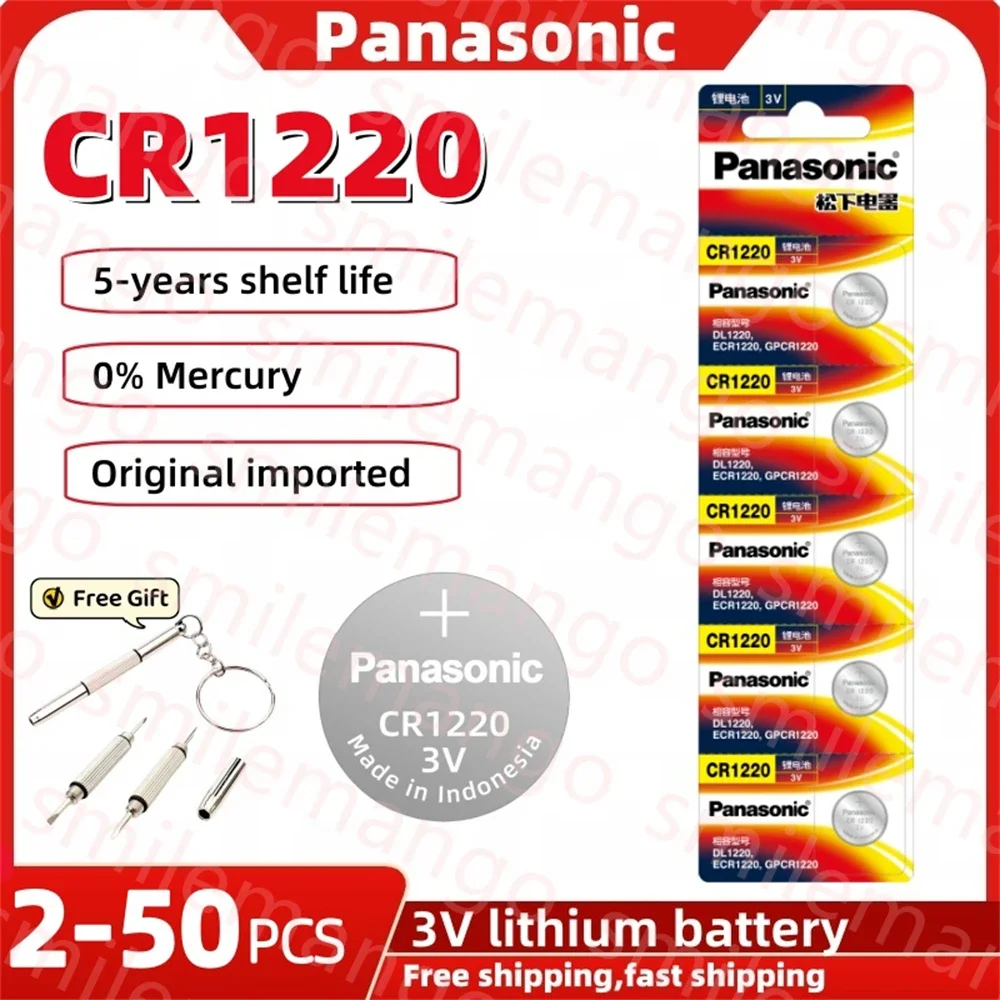 Panasonic 3V Lithium Button Baterias, CR1220, ECR1220, DLCR1220, Cell Coin, Relógio, Brinquedo eletrônico, Calculadoras, 2pcs, 50pcs