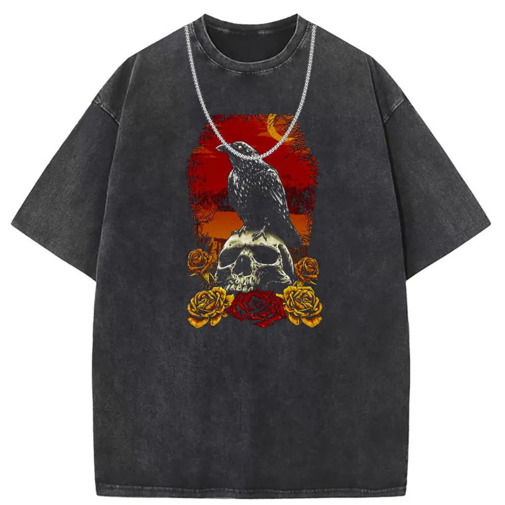 Crow And Skull New T Shirt Men Family Washed Tshirt Retro New Harajuku Tshirt Men Sweatshirts Long Sleeve Halloween Skull