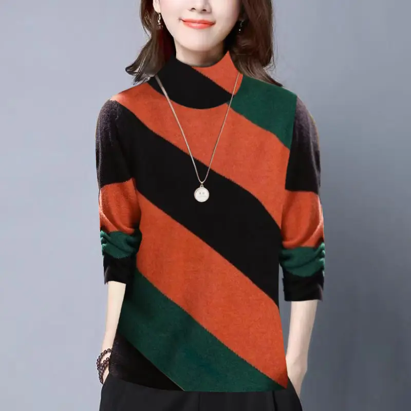 

Вязаная водолазка с цветными блоками, женская осенне-зимняя повседневная офисная одежда, рукав три четверти, стандартный крой, дизайн с высоким воротником