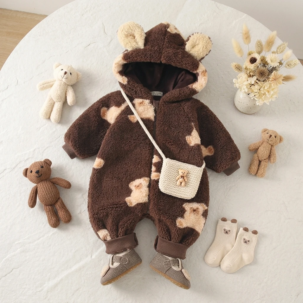 Zipper Long Sleeve Cute Winter Baby Rompers Warm Hooded Thickened Animal Clothes Fahsion