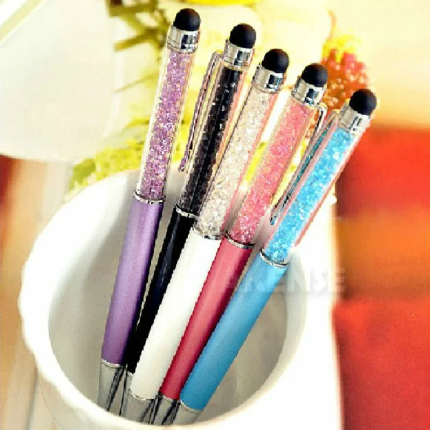 1000pcs 2 in 1 Slim Diamond Crystal Capacitive Screen Touch Stylus Ball Pen for iPad iPhone Tablet Cell Phone For Office &School