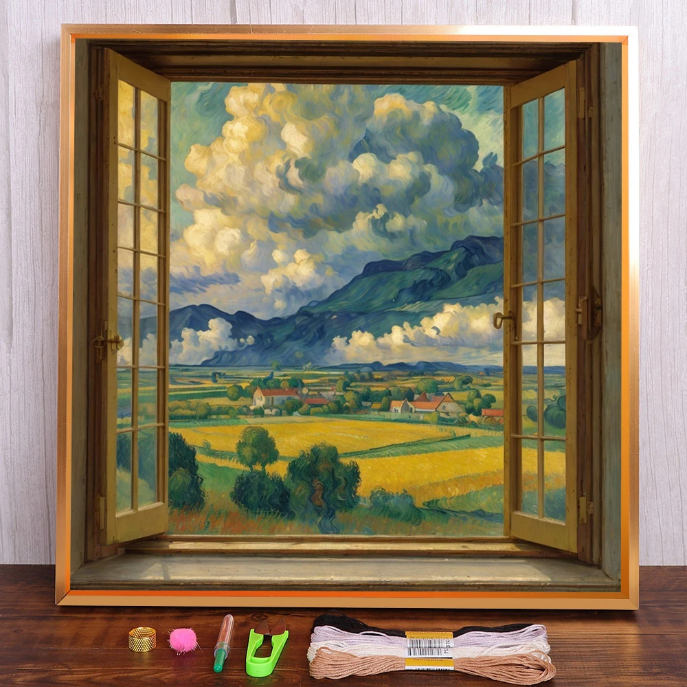 Scenery Window Pre-Printed Cross-Stitch Embroidery Complete Kit Hobby Handiwork Knitting Handmade Room Decor For Adults Floss