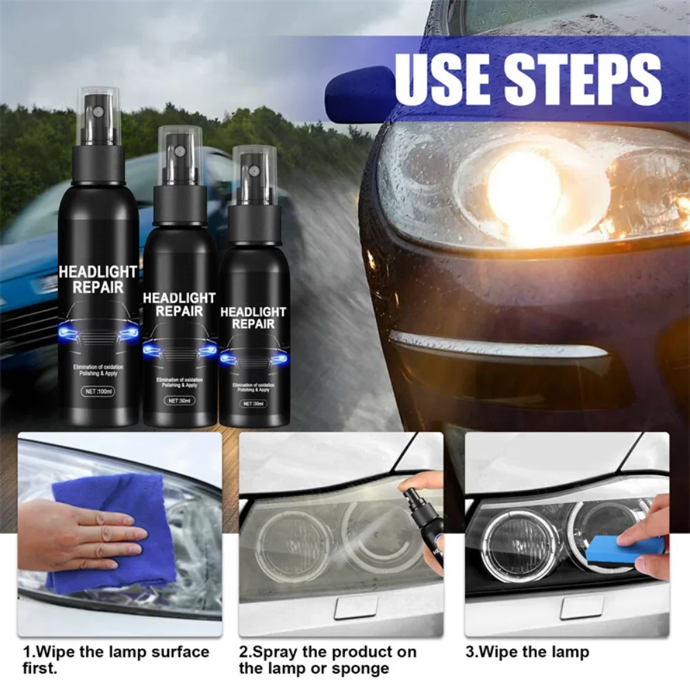 Spray de reparación de faros de coche, cubierta de luz automática, Kit de limpieza de pulido de arañazos con esponja, agente de mantenimiento reacondicionado