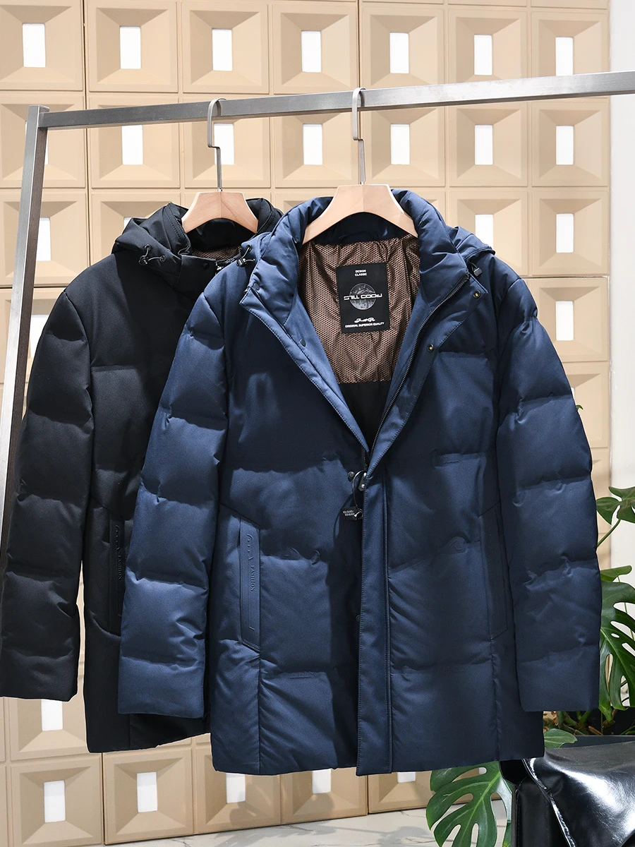 

High-End Anti-Wrinkle Fabric down Jacket Men's Color Versatile Mid-Length Hooded Durable Polyester Fiber White Duck dow...