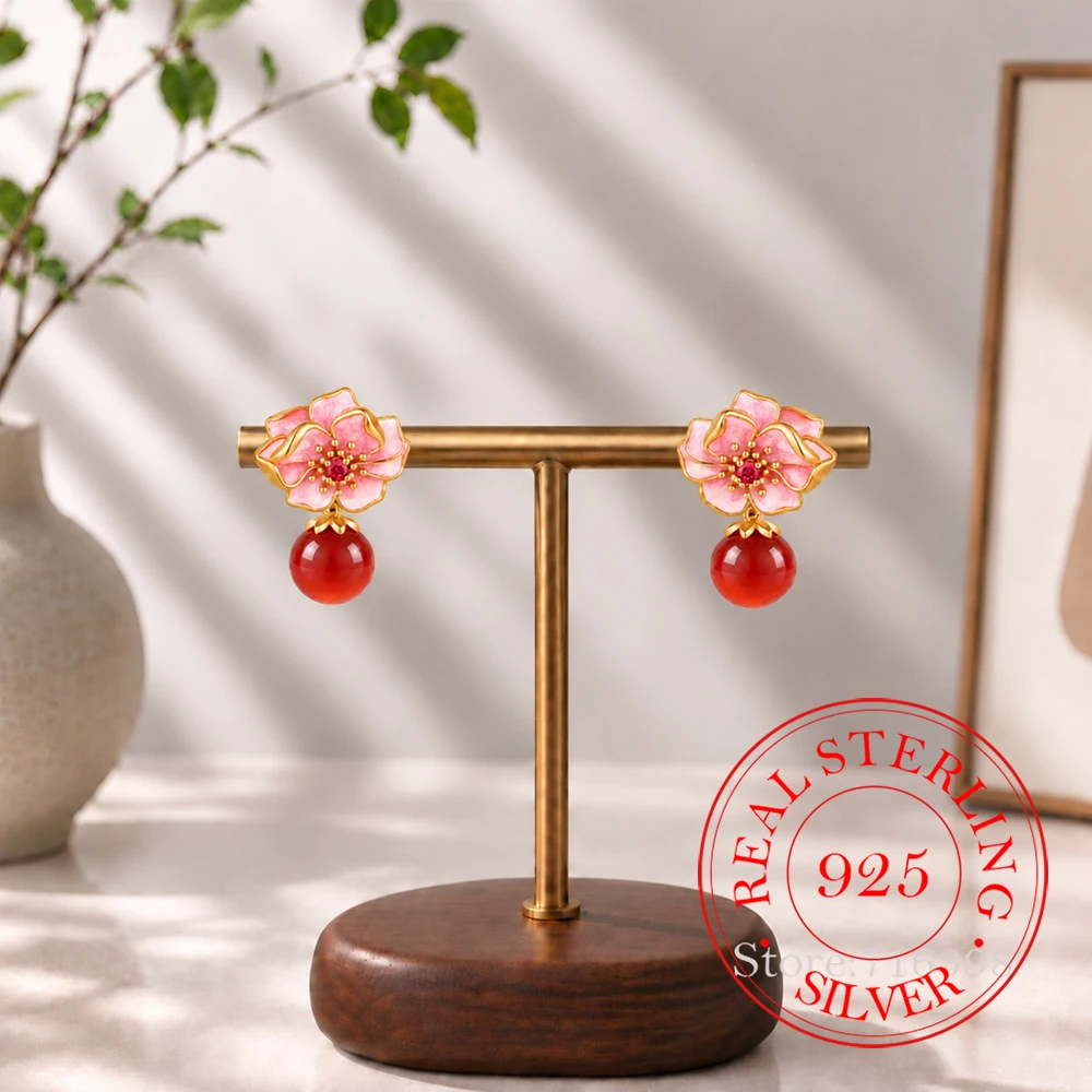 925 Sterling Silver Jewelry Gentle Camellia Red Agate Stud Earrings for Women Wedding Party Jewelery for Girls Friends Gift