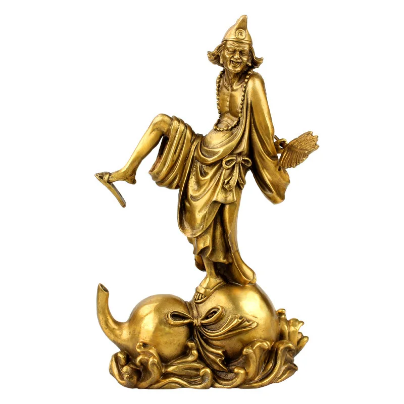 Brass Jigong Figurine Dragon-Slashing Arhat Statue, Home Craft Auspicious and Peaceful Laughing Buddha Gourd Ornament