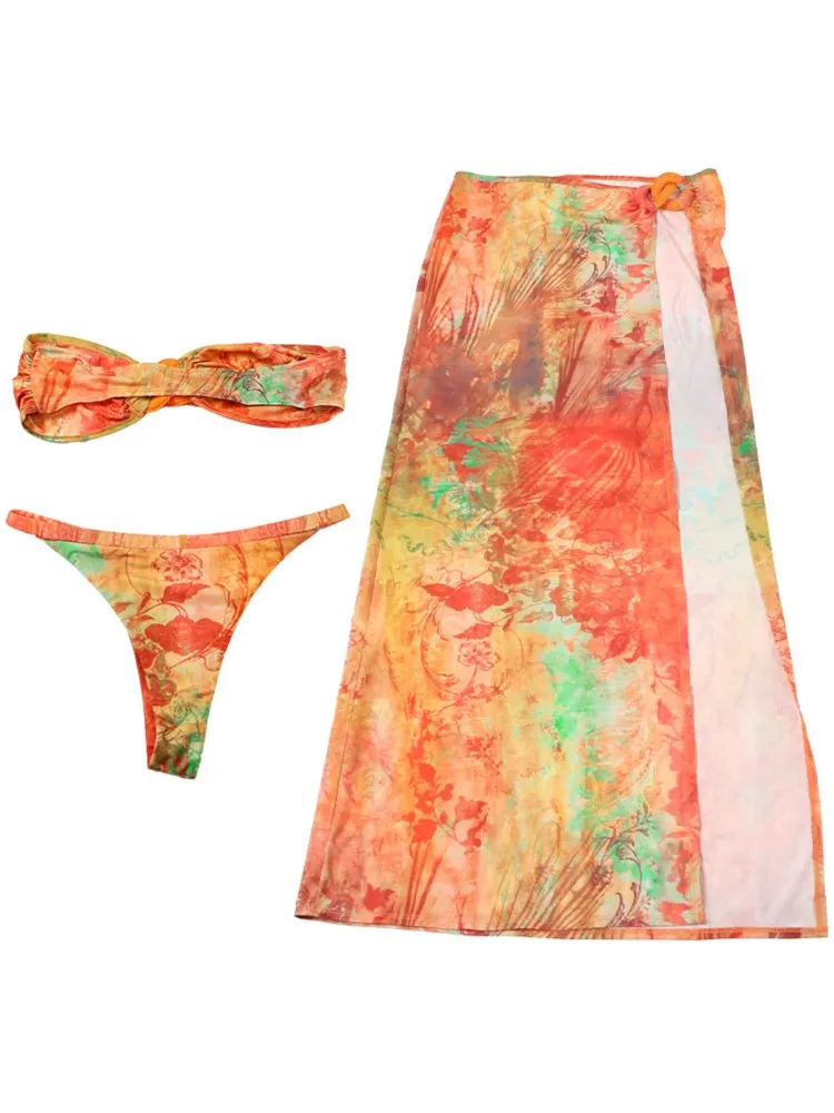 Retro Bikini Printed Fashion 3 Piece Swimsuit And Cover Up With Skirt Tight Women's Bandage Summer Beach Luxury Elegant 2025