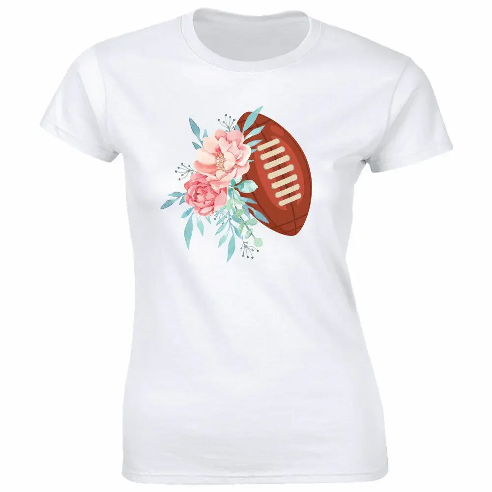 Flowers with Football Image T-Shirt for Women Fall Season