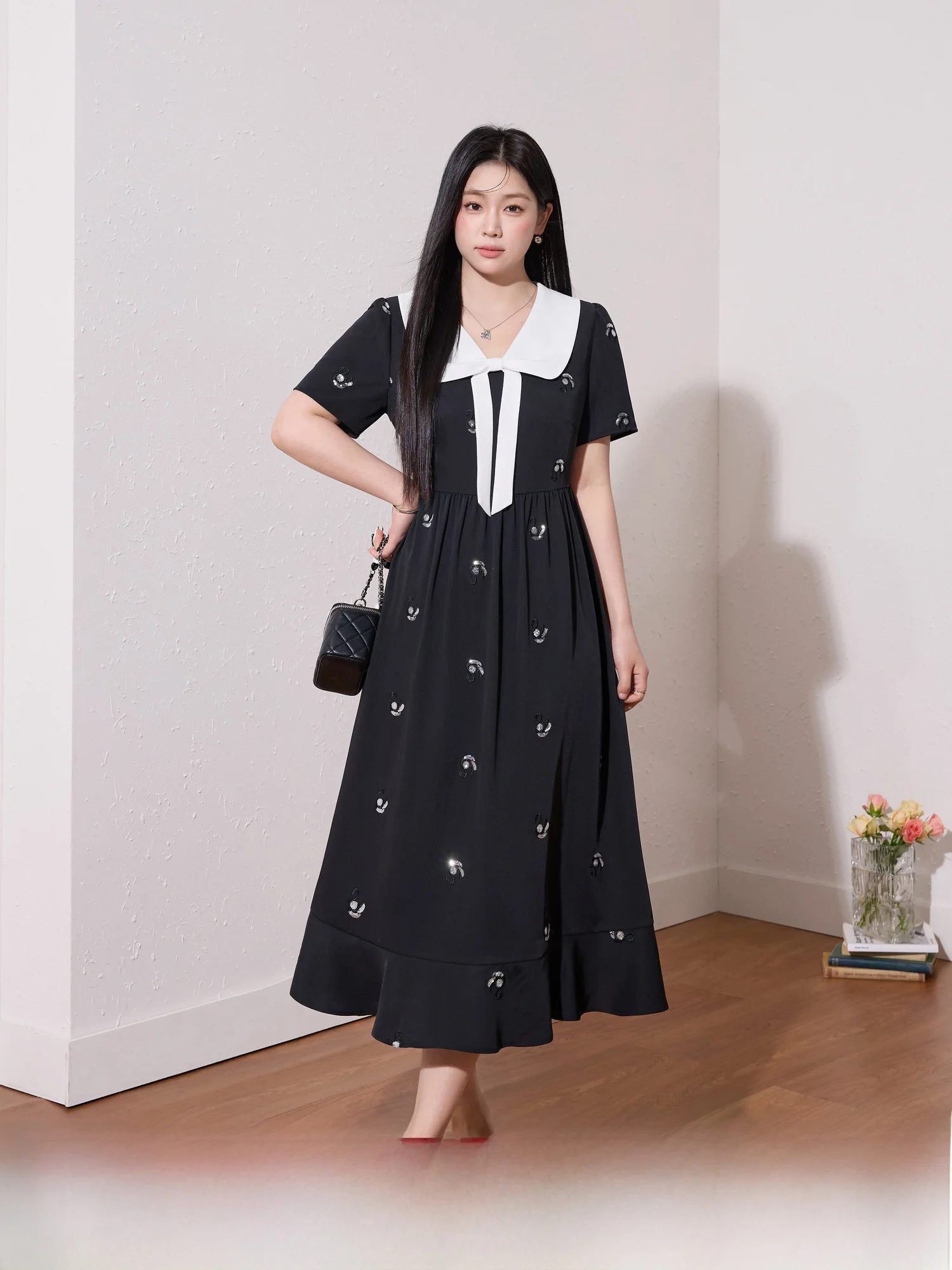 

Blue Language plus Size Women's Dr Heavy Embroidery Bead Embellied Waist Cinching Doll Collar Long Summer Dr