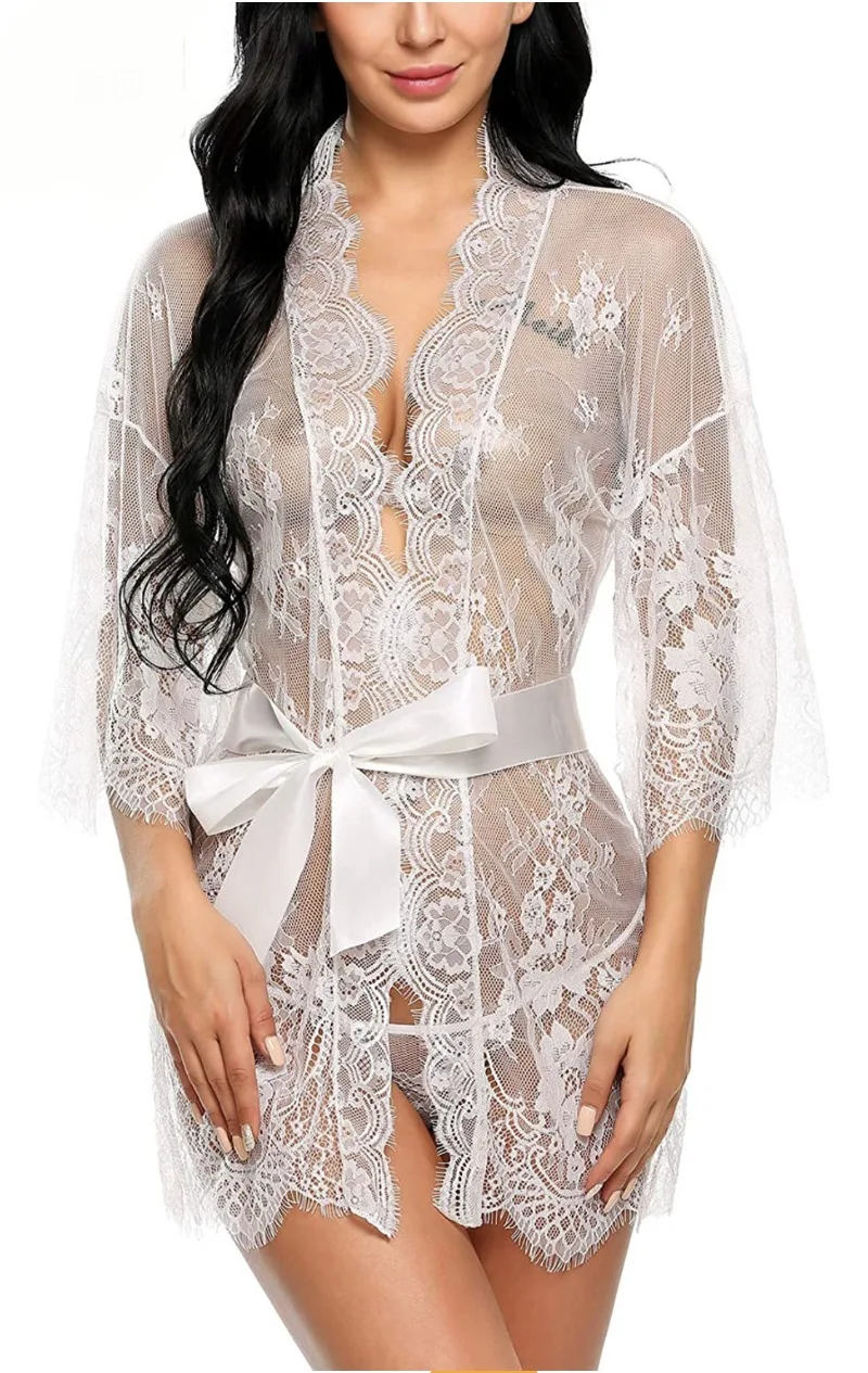 New Women Sexy Lace Kimono Robe Woman Mesh Transparent Casual Pajamas Lady Lingerie Ladies Nightgown Set Casual Night Temptation view 6