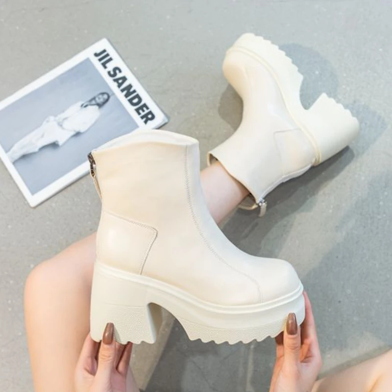 Fujin 10cm Cow Natural Genuine Leather Women Boots Ankle Booties High Top Zipper Autumn Chunky Heels Platform Wedge Ladies Shoes image 5