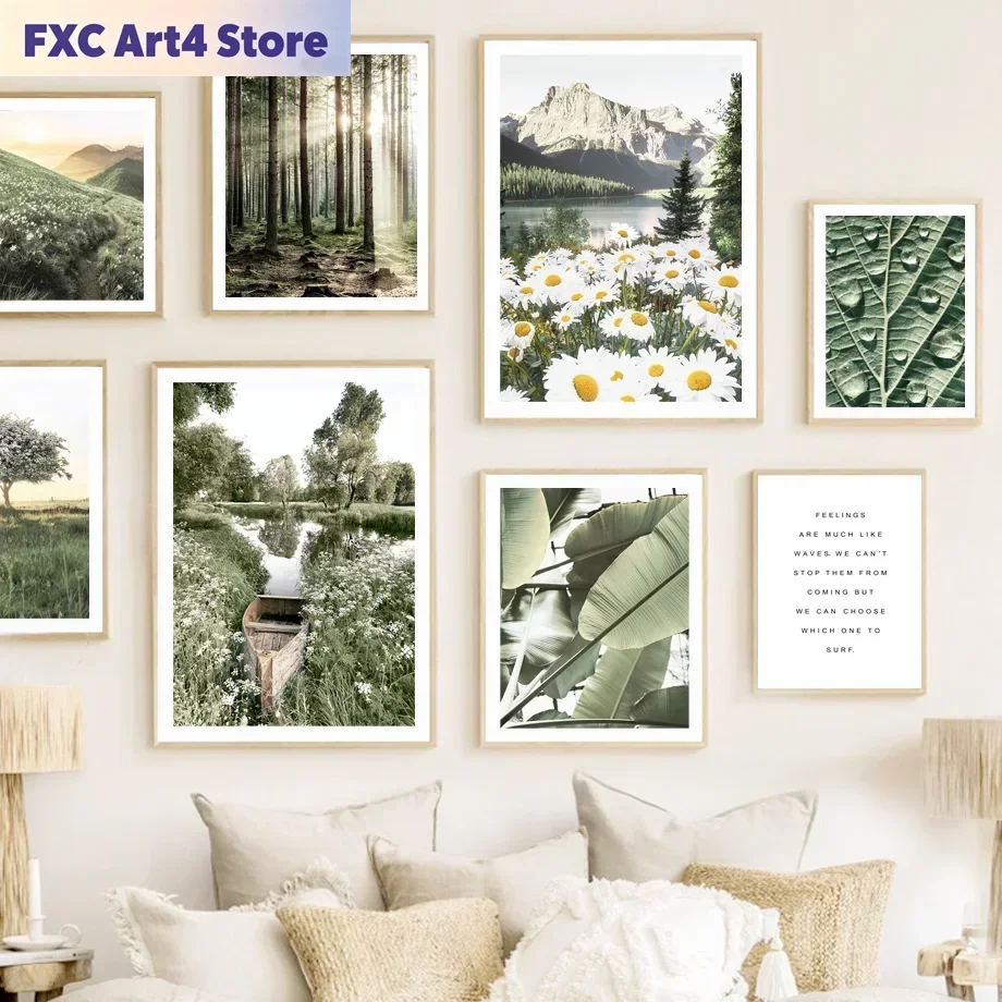 Peinture sur toile sans cadre, paysage de montagne, marguerite, lac, soleil, affiches nordiques et impressions murales pour le salon