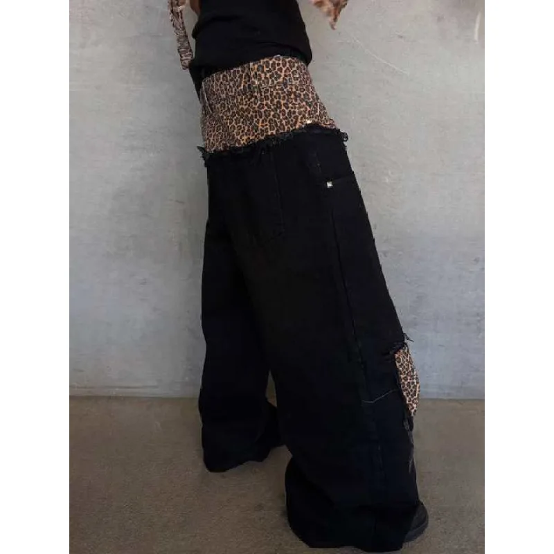 미국 복고풍 하이 스트리트 패션 y2k 문화 디자인 감각 레오파드 무늬 캐주얼 데니를 드래그하는 바닥 더블 팬츠와 접합
