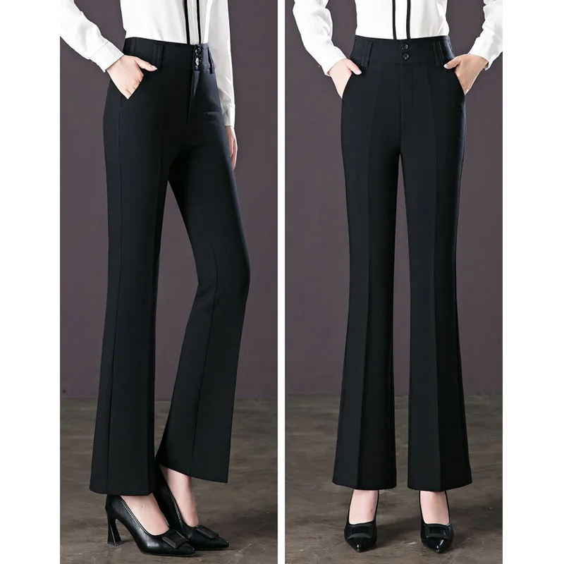 New 2023 Spring Summer Womens Button Pockets Black Versatile Trousers Office Lady Splicing Zipper High Waist Micro Horn Pants