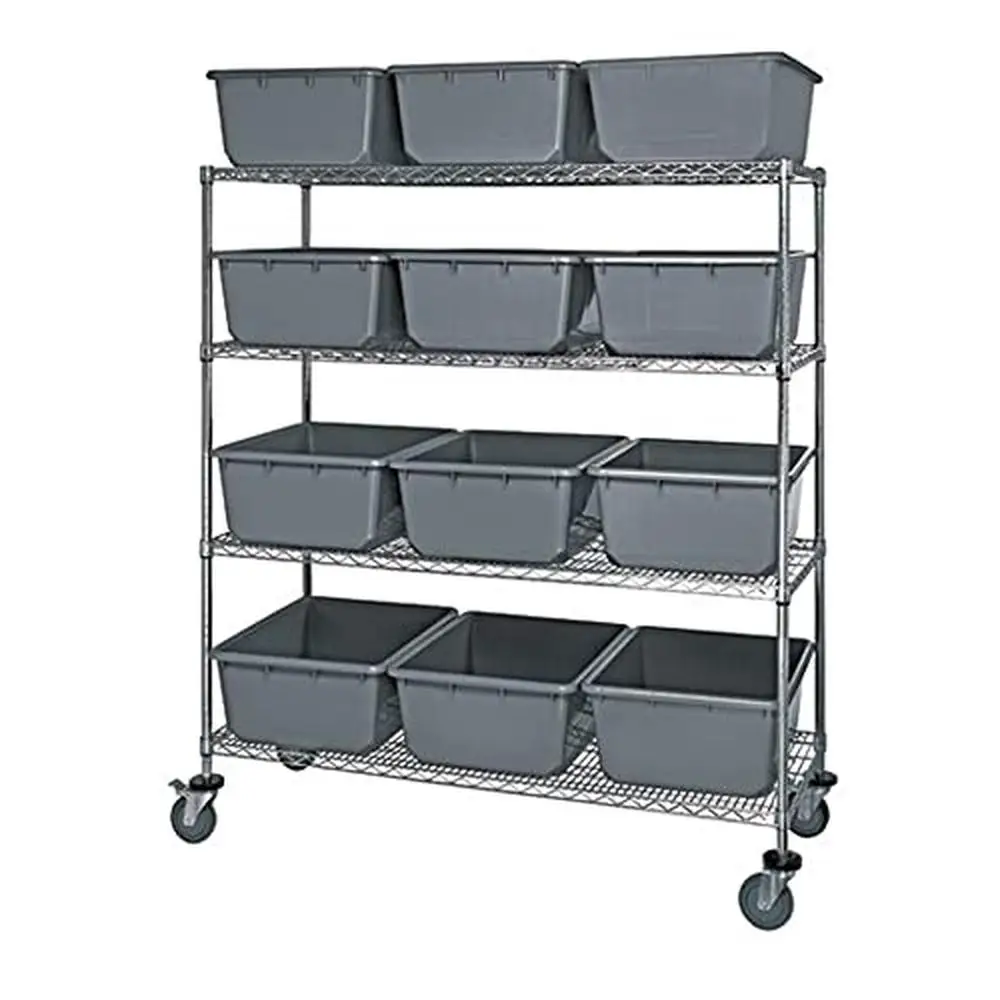 

Chrome Mobile Bin System Unit with Wire Shelves and Gray Tub Storage Heavy-Duty Industrial Warehouse Organization Solution