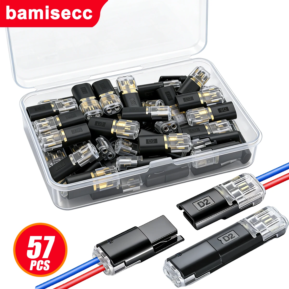 57/17pcs, No-Strip Interlocking Terminals; LED Quick-Connect Dual-Pin, Dual-Channel D2 Wire Connectors for Safe Wire Routing.