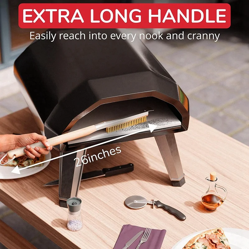 Pizza Oven & Stone Brush With Scraper 21In - Clean Stone Between Every Bake - Long, Wooden Handle - Robust & Easy To Use