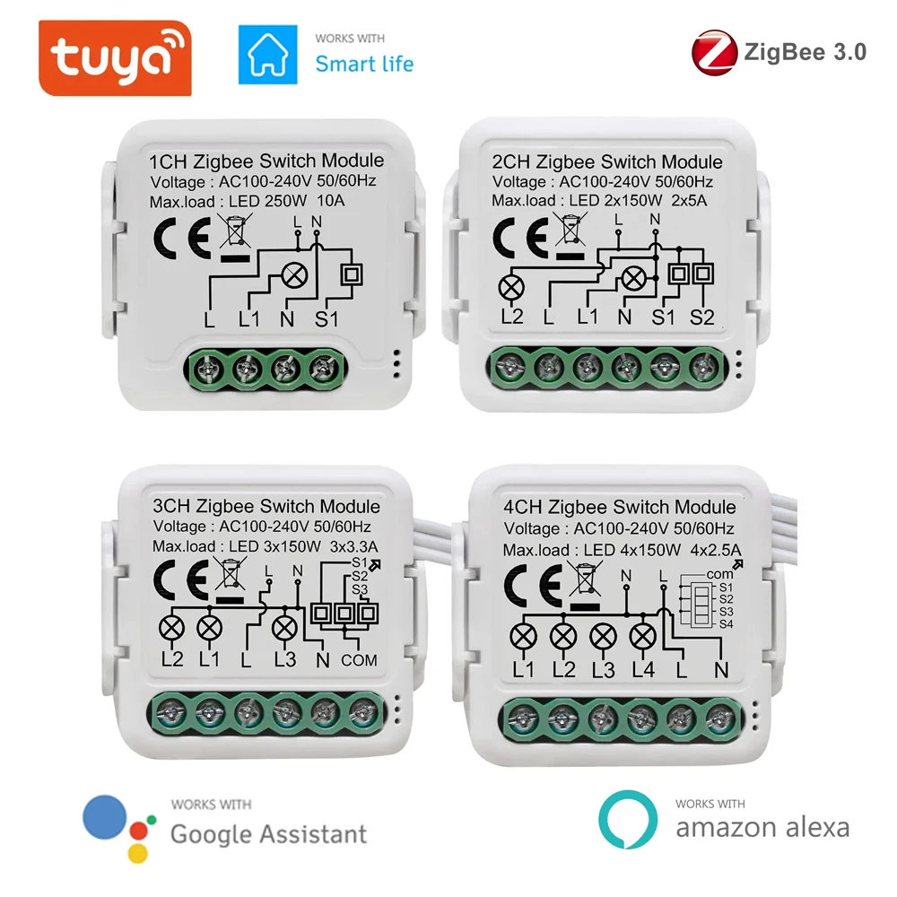 Tuya ZigBee 3.0 Light Switch Module, Smart DIY Breaker 1 2 3 4 Gang Supports 2 Way Control, Works with Alexa Google Home