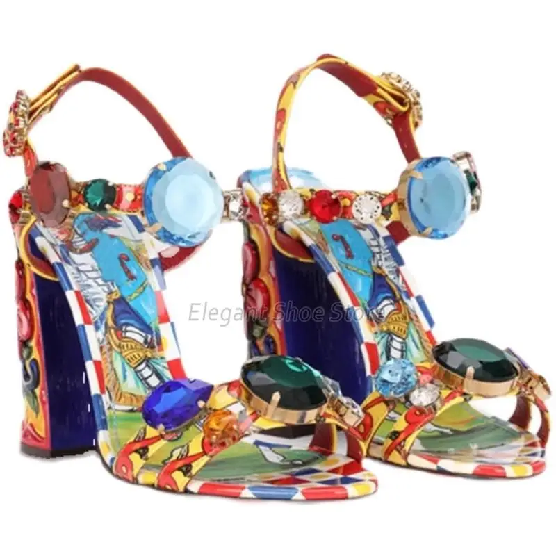 Gemstone Rhinestone Women Sandals Bohemian Open Toe Chunky Heel Ankle Strap High Heels Summer Luxury Party Banquet Dress Shoes