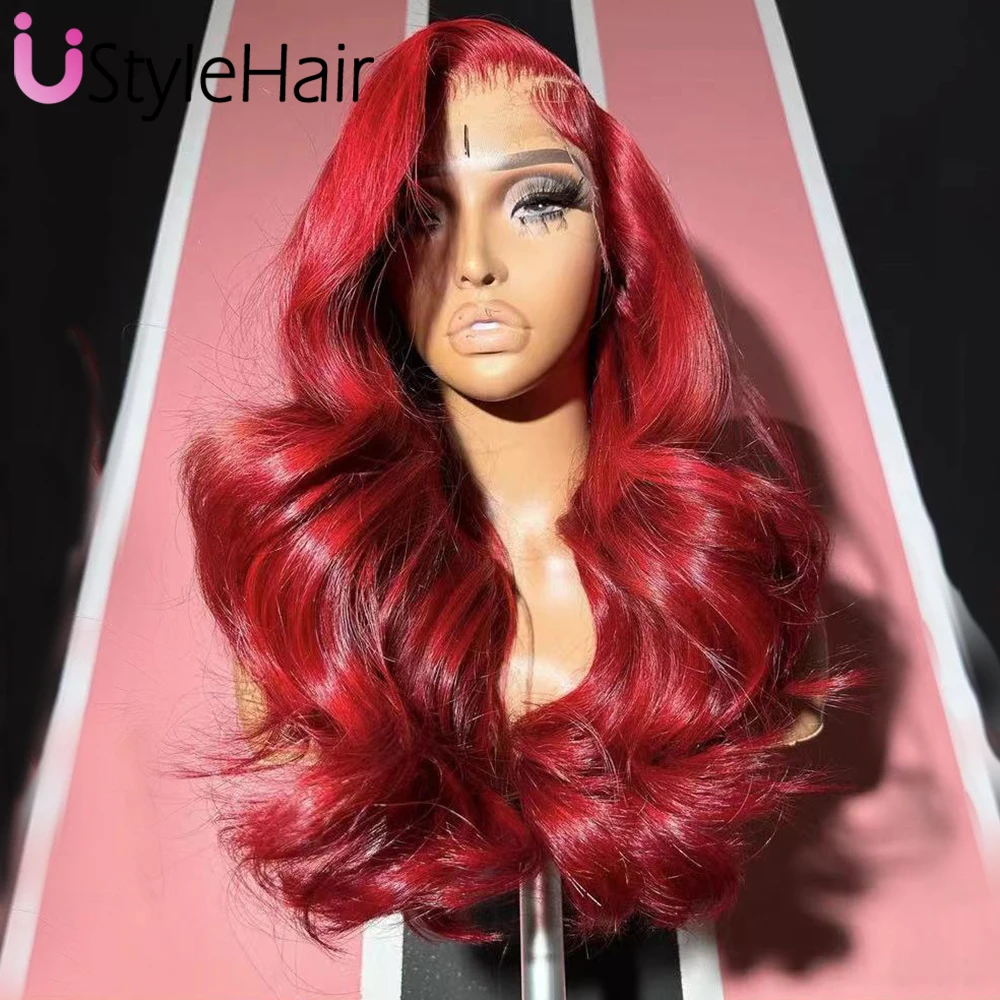 Red Lace Wig Long Body Wave Lace Front Wig Heat Resistant Synthetic Hair Side Part Solid Red Lace Daily Use Cosplay Wig