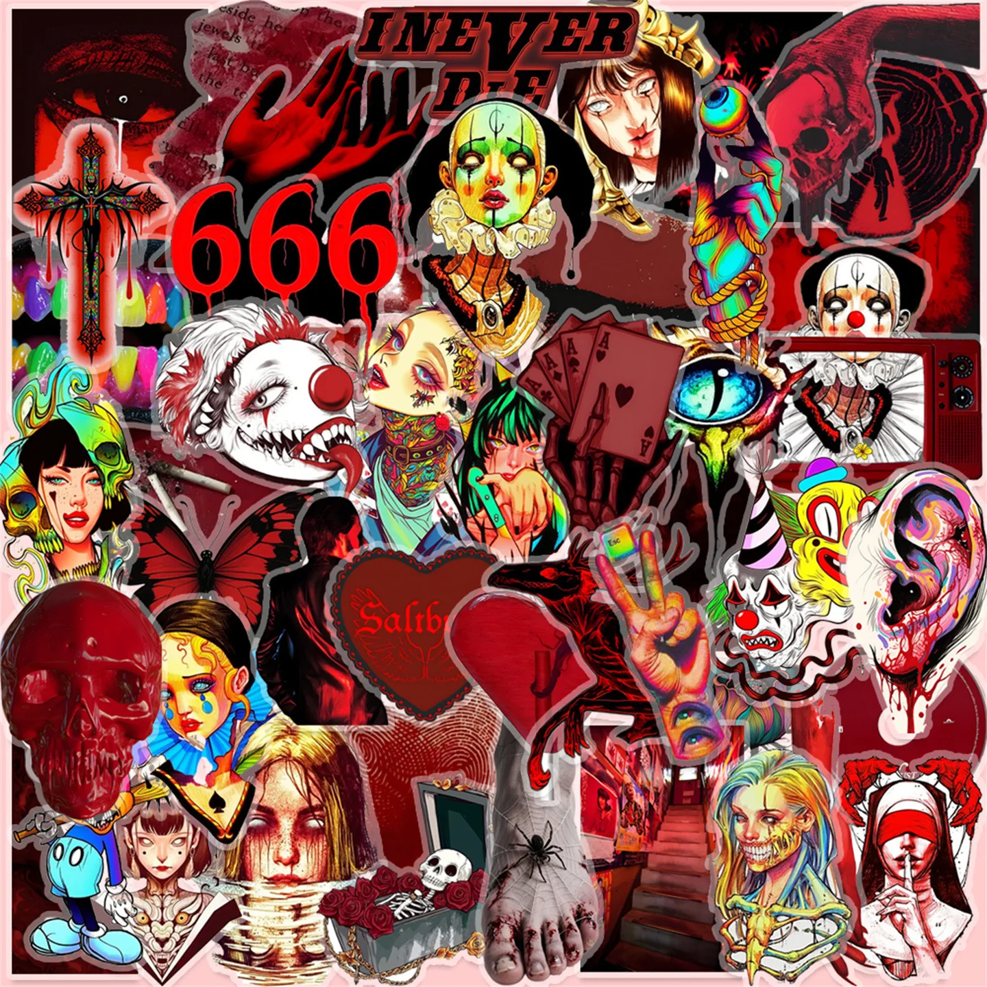 

10/30/50PCS Red Gothic Horror Transparent PET Sticker DIY Decoration Waterproof Skateboard Notebook Graffiti Toy