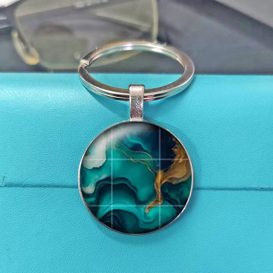 Luxurious Purple Blue Gold Fluid Marble Art Round Time Keychain For Car Keys Backpack Handbag Key Ring Pendant