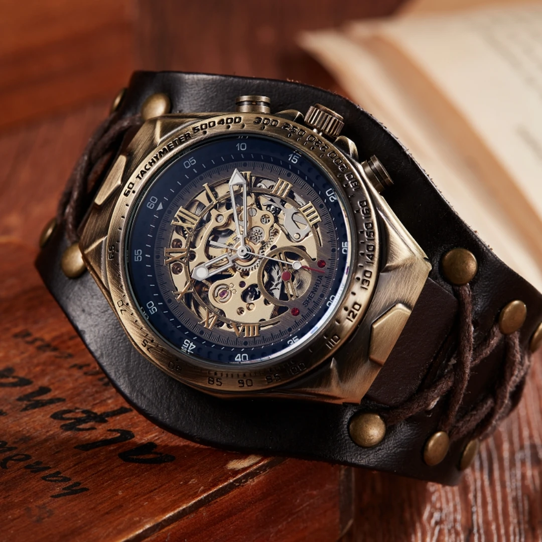 SHENHUA Bronze Antique Mechanical Watch  Automatic Watch Mens Skeleton Watches Bronze Leather Steampunk Men Vintage Sport Wristw