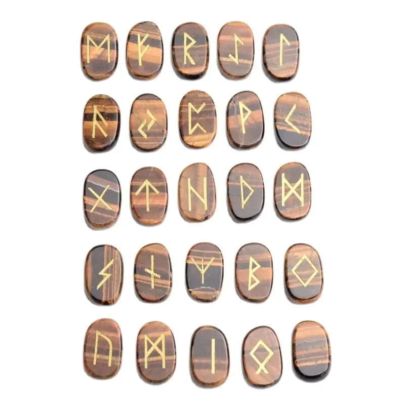 25pcs Natural Semi-precious Stone Ornaments Amethyst Quartz Lapis Crystal Reiki Healing Pagan Lettering Wiccan Rune Stones Set