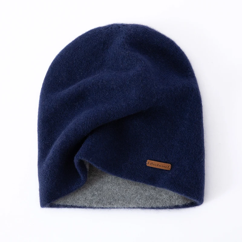 النساء 100% الكشمير الخالص قبعة صغيرة مترهل نمط طبقة مزدوجة متماسكة شتاء دافئ لينة Skullies قبعة الطقس البارد التبعي #3