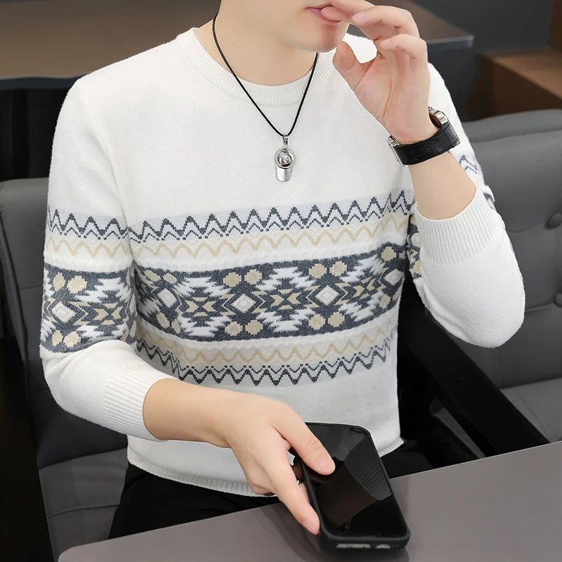 

Мужской утепленный вязаный свитер из меха кролика, зимний, теплый, модный, с длинными рукавами, круглым вырезом, с геометрическим узором