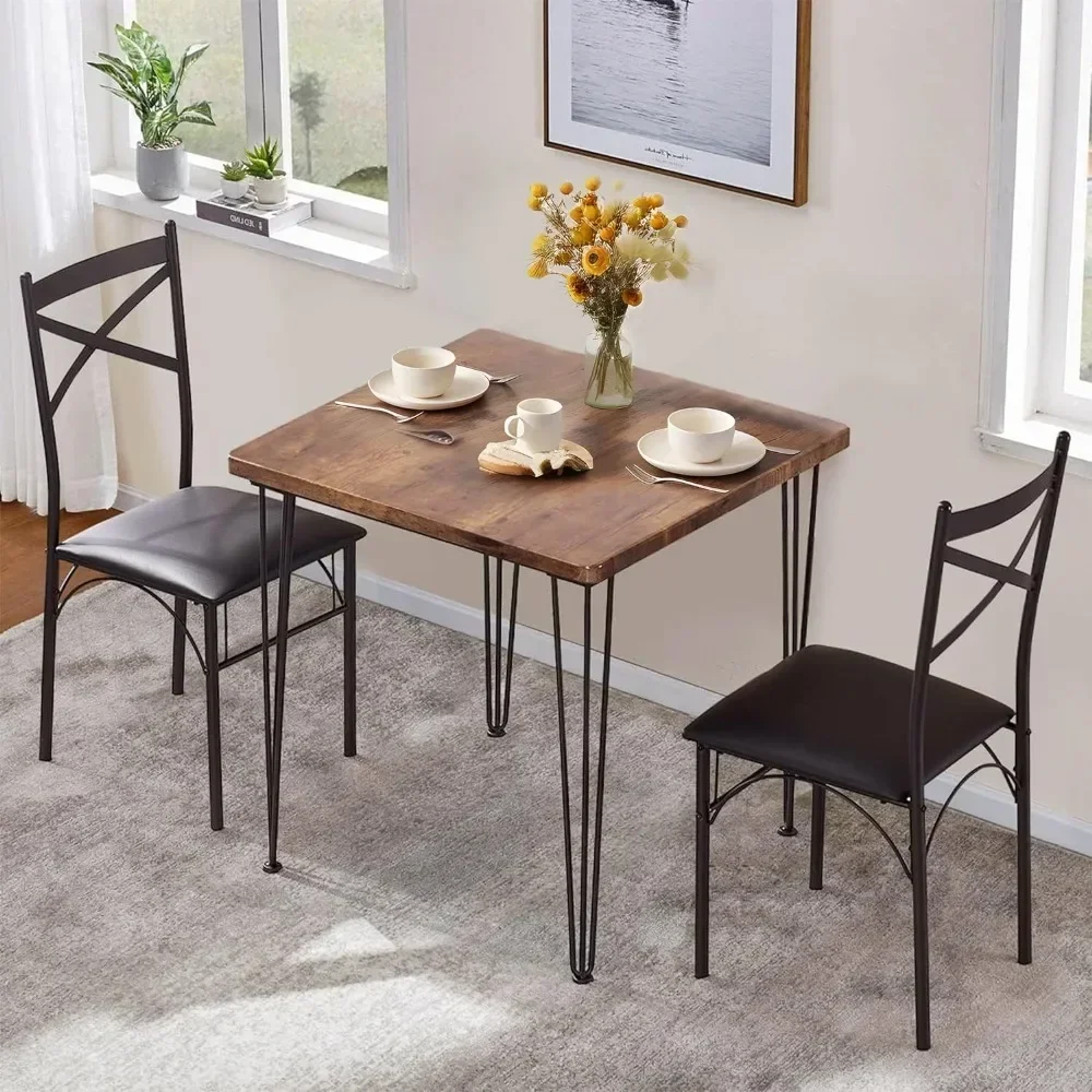 Modern Industrial Style 3-Piece Room Kitchen Pu Cushion Chair Sets for Small Space, Dining Table for 2, Retro Brown