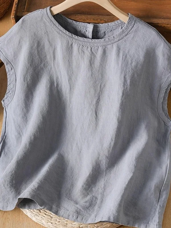 เสื้อผ้าผู้หญิงสีพื้นผ้าลินินหรือผ้าฝ้าย สไตล์วินเทจ ทรงกลม คอโอเวอร์เฮด ทรงหลวมบางเบา เหมาะสำหรับฤดูร้อน