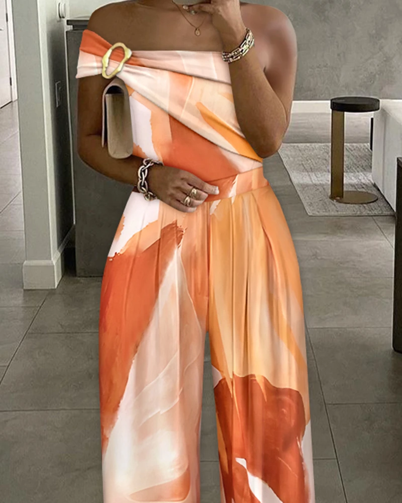 Jumpsuit Women 2025 Summer Metal Ring Decor All Over Print One Shoulder Ruched Jumpsuit Casual Pleated Wide Leg Jumpsuit