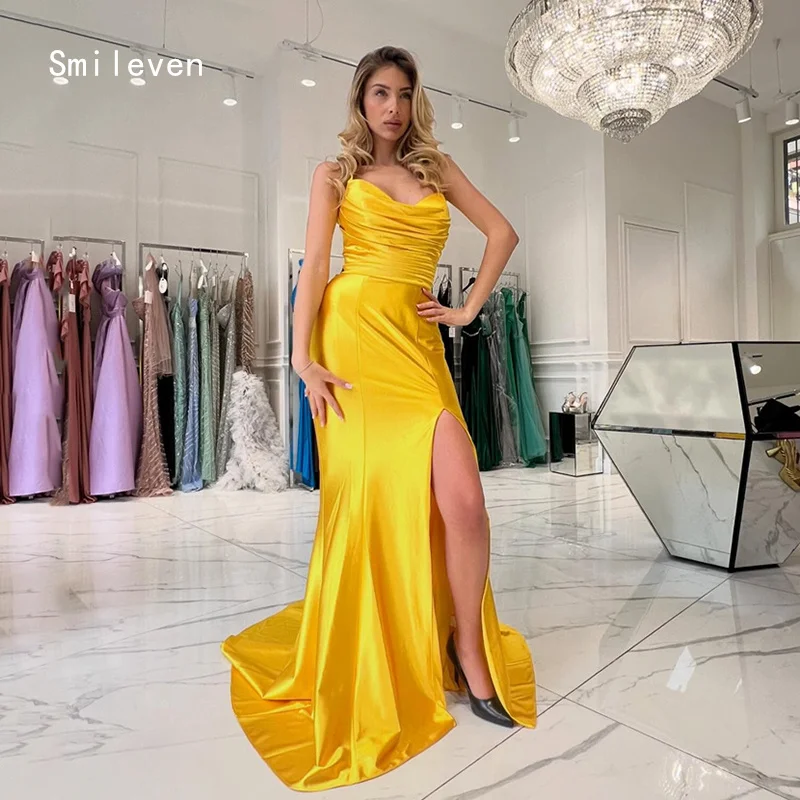 

Smileven Side Silt Yellow Mermaid فساتين سهرة Prom Dress Draped Party Gowns Sleeveless Occassion Dress Customized 20