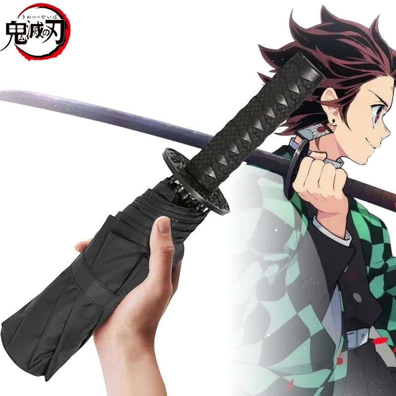 Anime Demon Slayer Katana Umbrella Sunny 3 Folding Parasol Kimetsu No Yaiba Tanjirou Samurai Sword Katana Handle Umbrella Gift